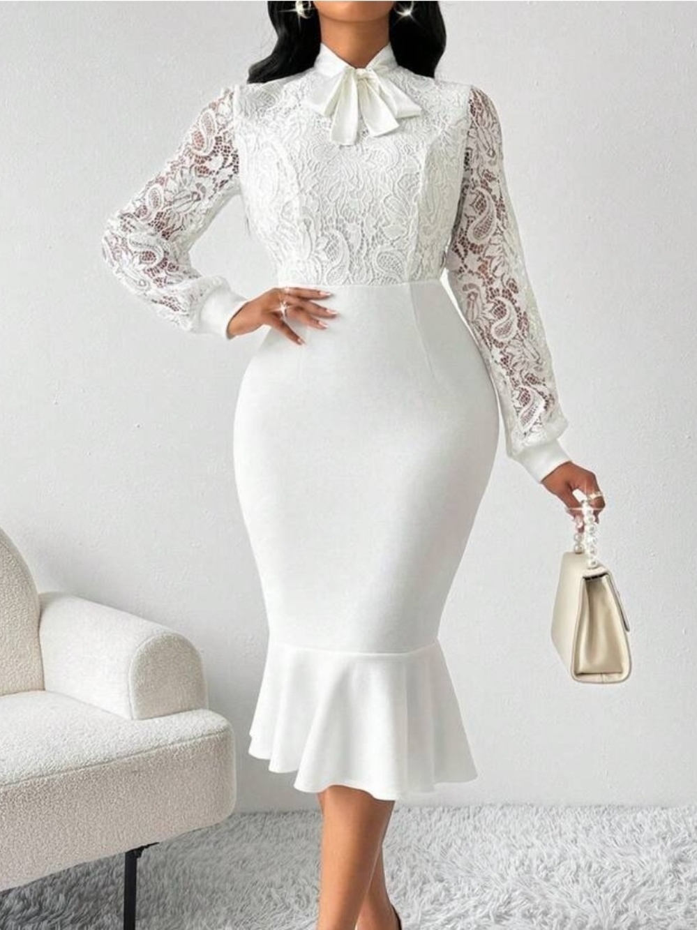 SHEIN White Lace Bodice Midi Dress with Tie Neck